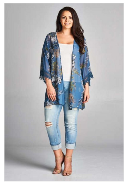 Open Front Floral Kimono with Lace Trim on Sleeves - Plus Size