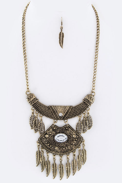 Gold Fringe Feathers Iconic Bib Necklace Set