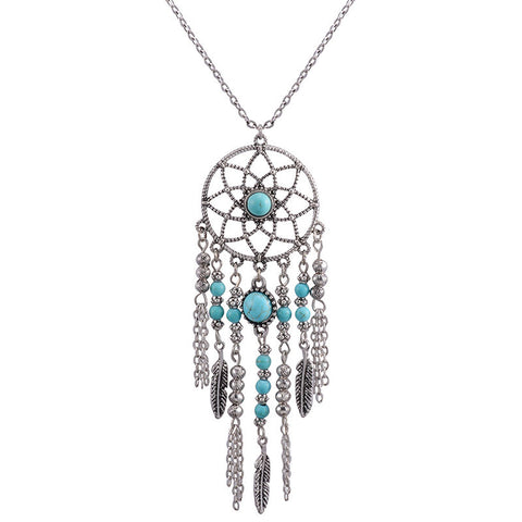 Boho Dream Catcher Feather Turquoise Bead Necklace